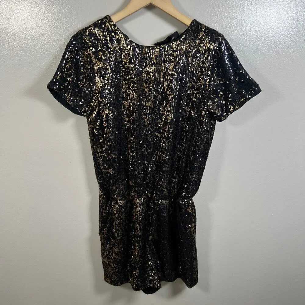Shoshanna Sequin Zena Romper Size 6 Black Gold Party Cocktail New Years Glam